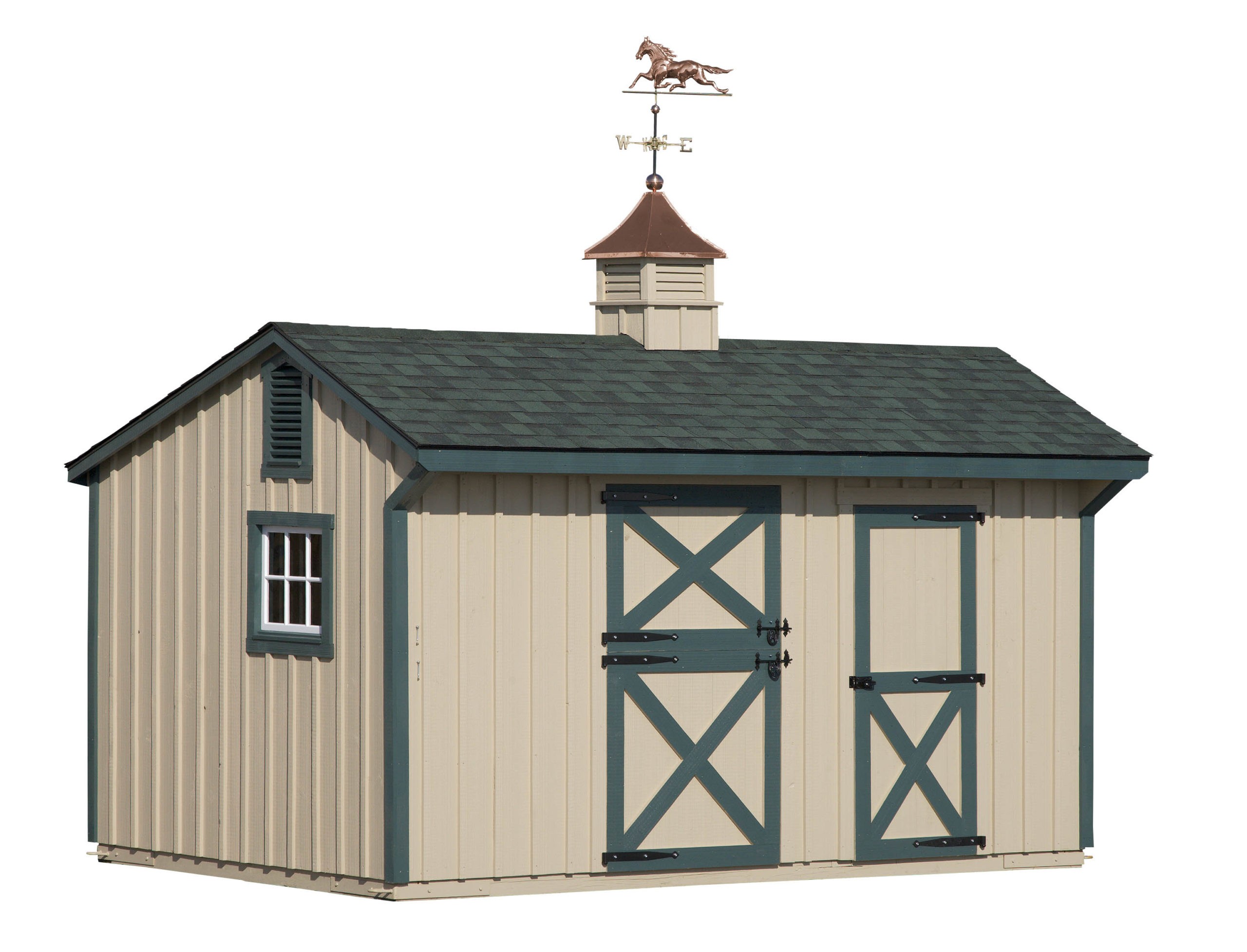 10x16 shed row barn with tan paint green trim scaled